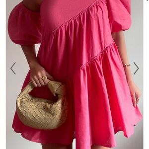HARLEEN MINI DRESS - LINEN ASYMMETRICAL TRIM PUFF SLEEVE DRESS IN PINK size 6